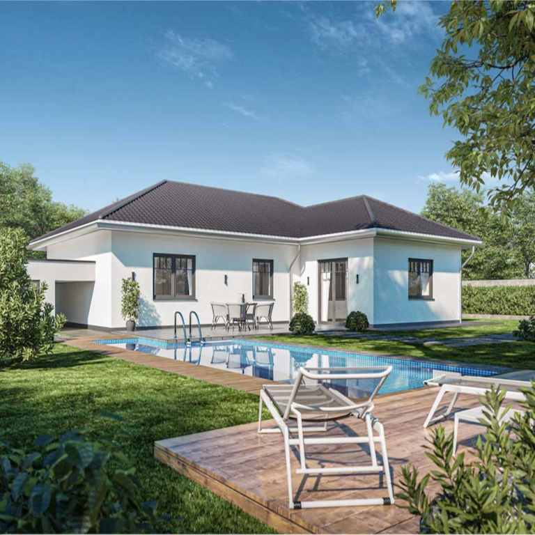 Bungalow von Hinten mit Pool und Liegen*