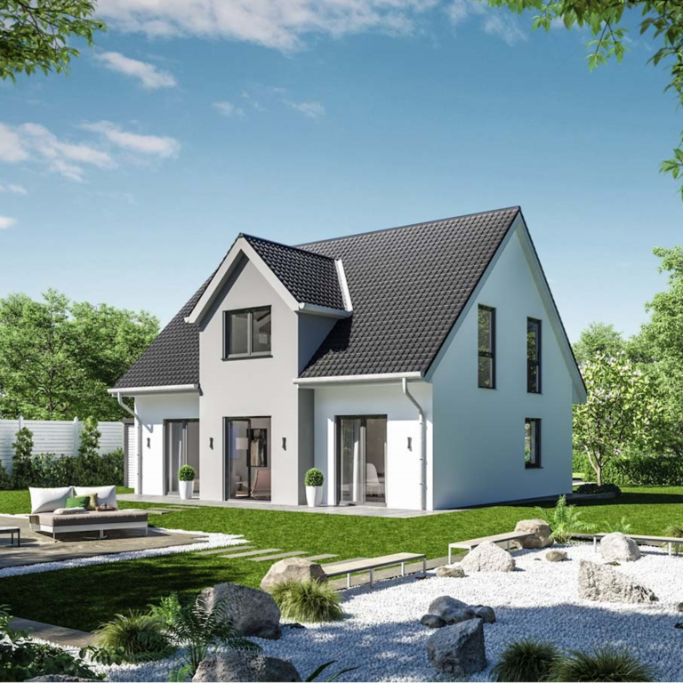 Einfamilienhaus von hinten mit Garten und Liegen*